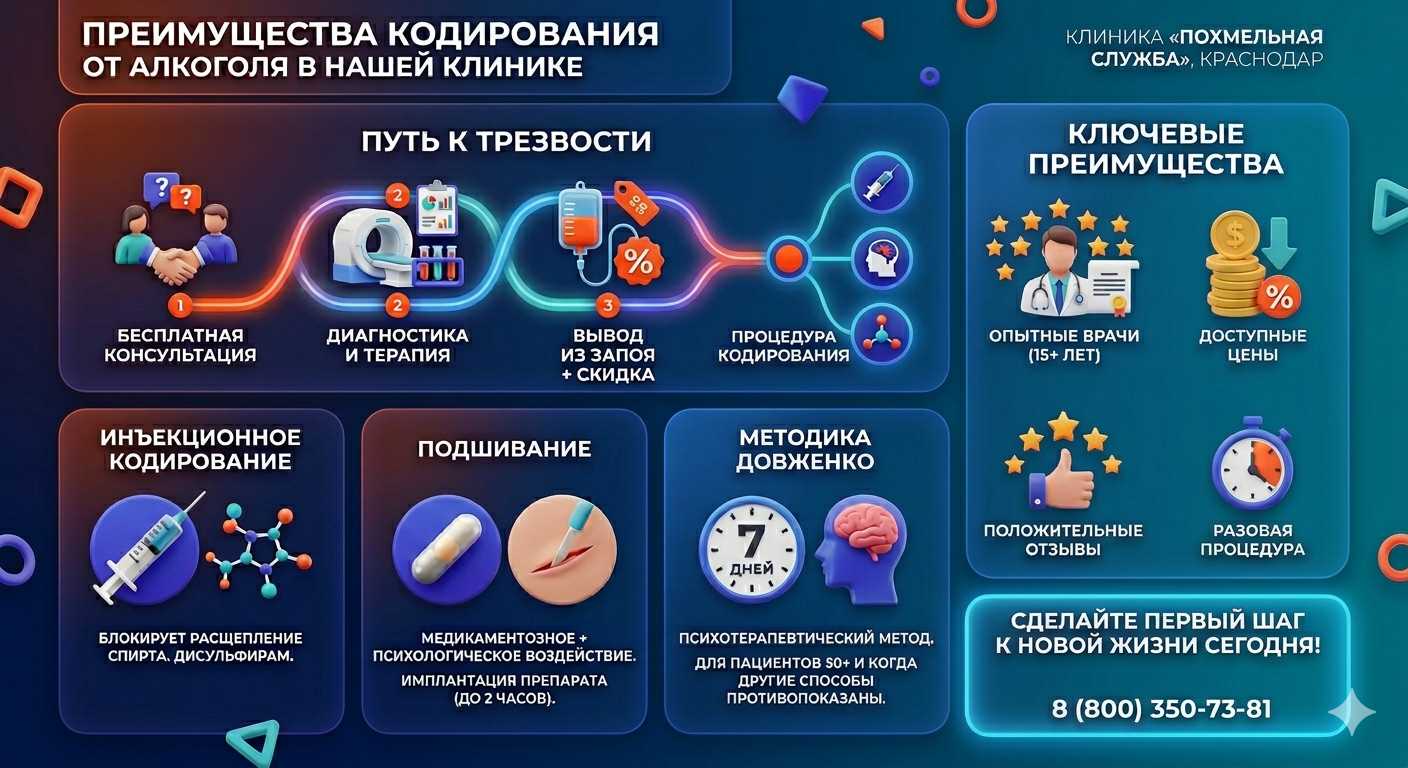 Инфографика о методах кодирования от алкоголя в Тайшете: инъекции, подшивание, метод Довженко. Преимущества клиники и этапы лечения.