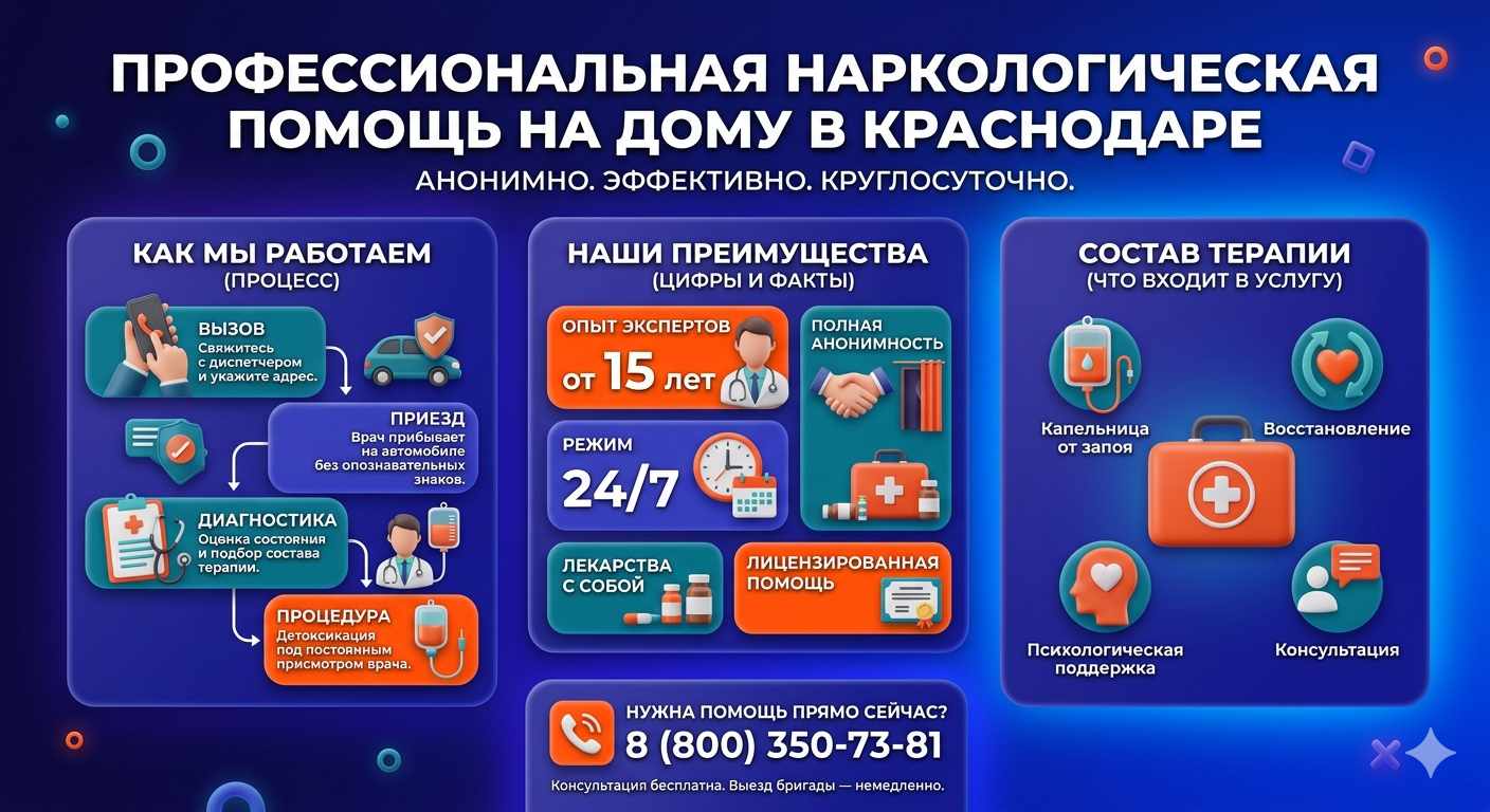 Инфографика о принципах лечения алкоголизма на дому в Тайшете: этапы вызова нарколога, преимущества анонимной детоксикации и состав медицинской помощи.